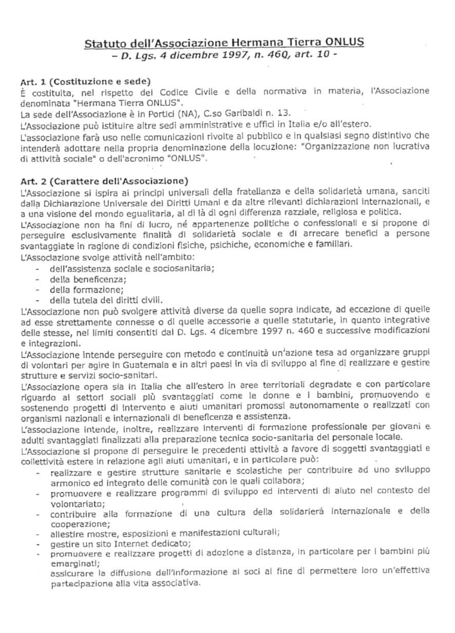 statuto Hermana Tierra Onlus, Associazione di volontari laici e cristiani operante in Guatemala